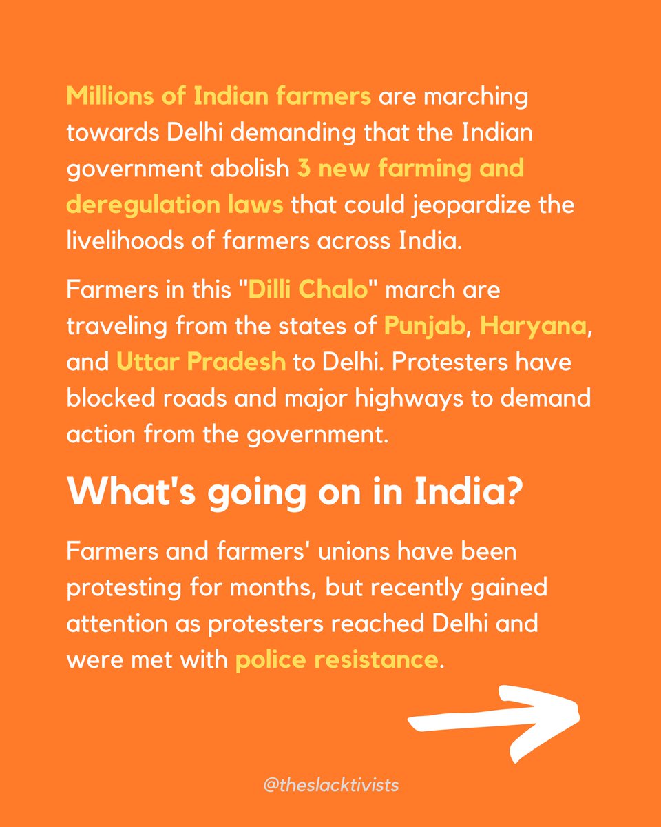 Millions of Indian farmers are marching towards Delhi demanding that the Indian government abolish 3 new farming and deregulation laws that could jeopardize the livelihoods of farmers across India. Here’s what you need to know.  #dillichalo  #farmerprotest (1/3)