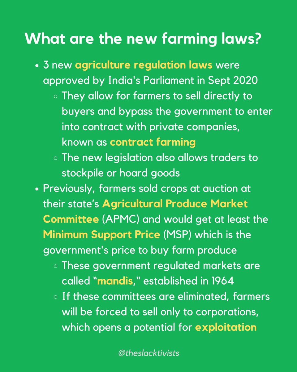 Millions of Indian farmers are marching towards Delhi demanding that the Indian government abolish 3 new farming and deregulation laws that could jeopardize the livelihoods of farmers across India. Here’s what you need to know.  #dillichalo  #farmerprotest (1/3)