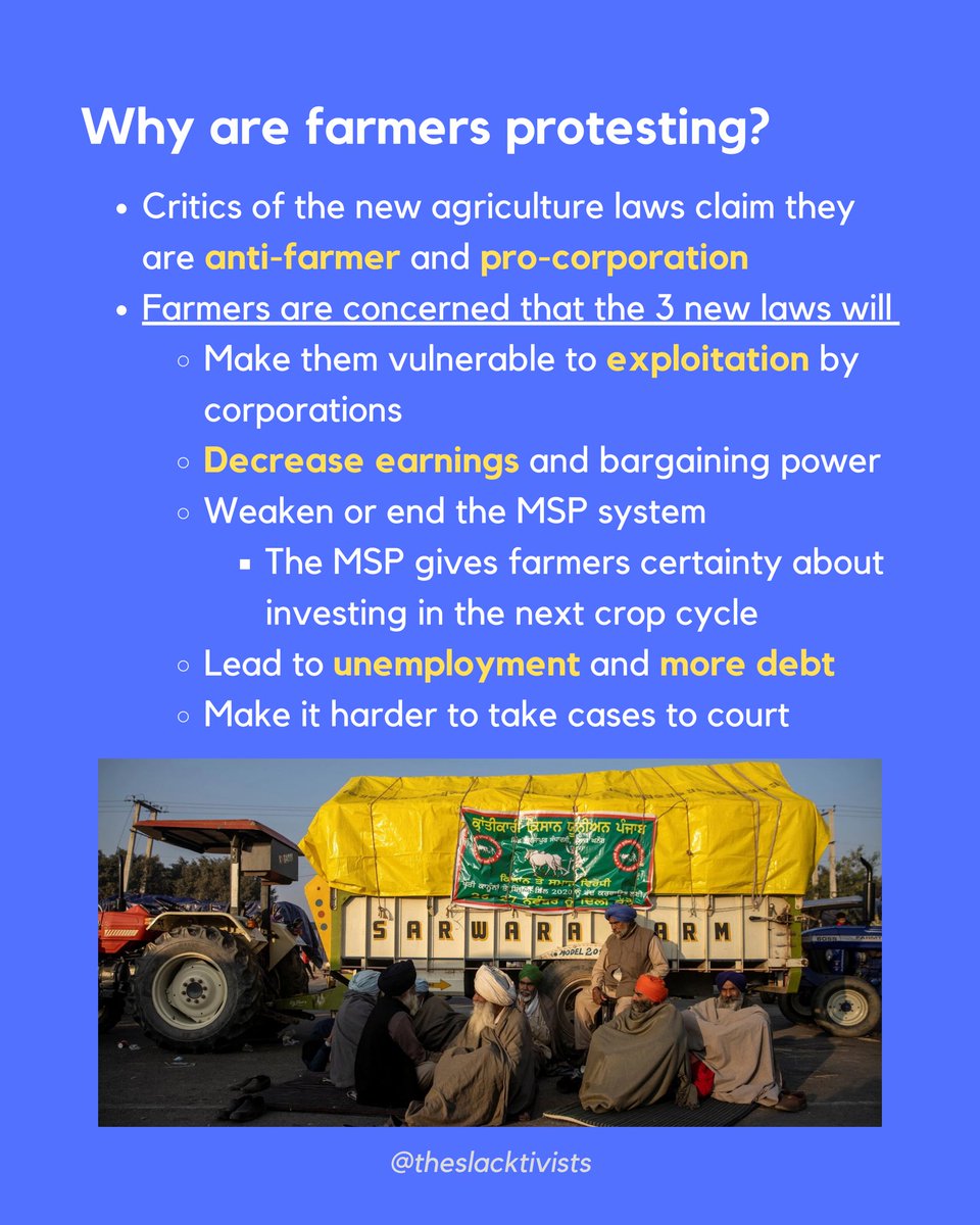 Millions of Indian farmers are marching towards Delhi demanding that the Indian government abolish 3 new farming and deregulation laws that could jeopardize the livelihoods of farmers across India. Here’s what you need to know.  #dillichalo  #farmerprotest (1/3)