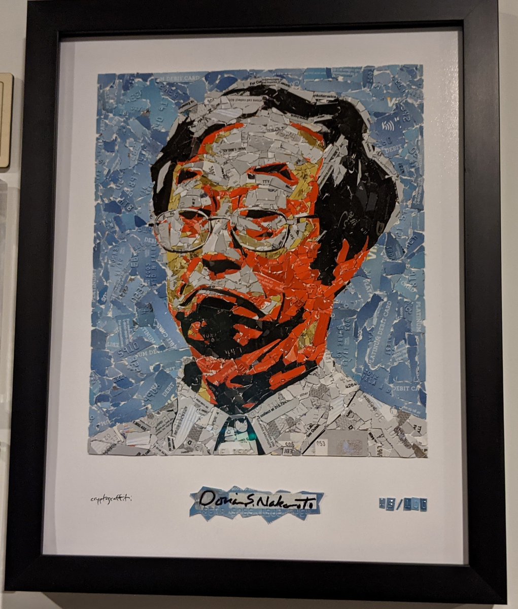 10/ Speaking of  @cryptograffiti - this print is my favorite. The original is made of cut up credit cards, with 100% of the proceeds going to Dorian Nakamoto. It sold for 17.3 bitcoin over 5 years ago! https://bitify.com/cryptograffiti-and-bitify-com-raise-17-3-btc-5501-in-dorian-nakamoto-auction-207076/