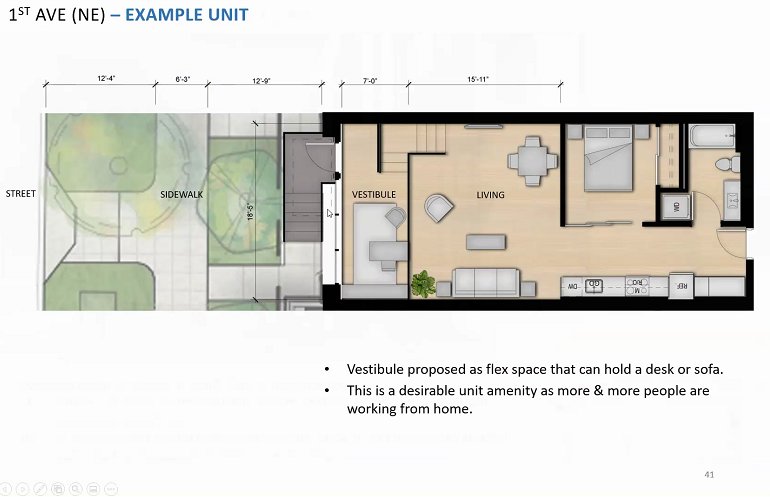 The townhome-style units on 1st North with stoops and individual entrances will be cute. The architect says you can stick your home office in the vestibule.