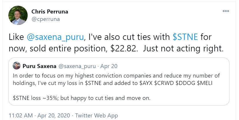 7)  $STNE slowly trended back up and traded above $45 on three occasions but struggled to go any higher, the same resistance it hit in March 2019.2020: COVID hits, market falls & Brazil cases start to mount so I sold it all, for a loss.Looking back, not far from the low.