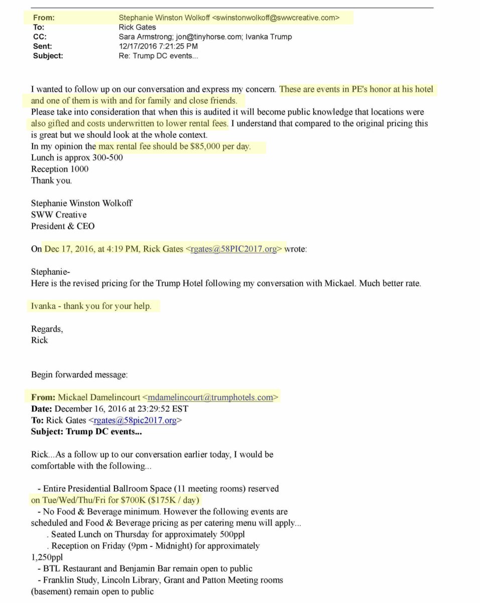 Again based on the contemporaneous emails Stephanie Winston Wolkoff voiced concern about the cost. To that end Rick Gates brought  @IvankaTrump in because the  @TrumpDC rates were insanely high.Princess is in it up to her eyeballs & that delights me A LOT https://drive.google.com/file/d/1aaWGcvzBSQeRuALFX9U7n_ipJR9BFaJD/view?usp=drivesdk