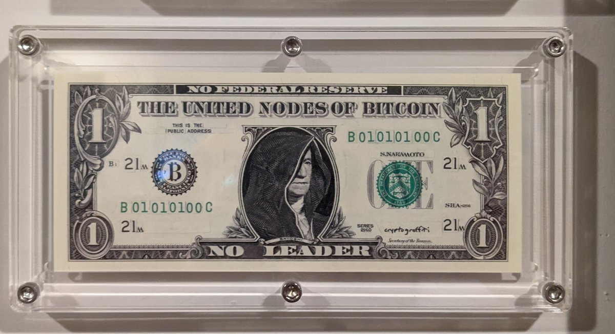 12/ The last piece I own from  @cryptograffiti, and it's literally fire (but you need an AR app on your phone to watch it burn).Check out both sides of the bill -  https://cryptograffiti.com/products/the-united-nodes-of-bitcoin
