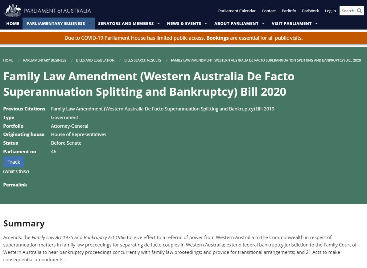 After more than a decade of wrangling between the Cth & WA, it is terrific to see this reform move forward. De facto couples separating in WA cannot currently split their super assets, as those everywhere else in Aus can. This Bill gets us closer to ending this unfair situation.
