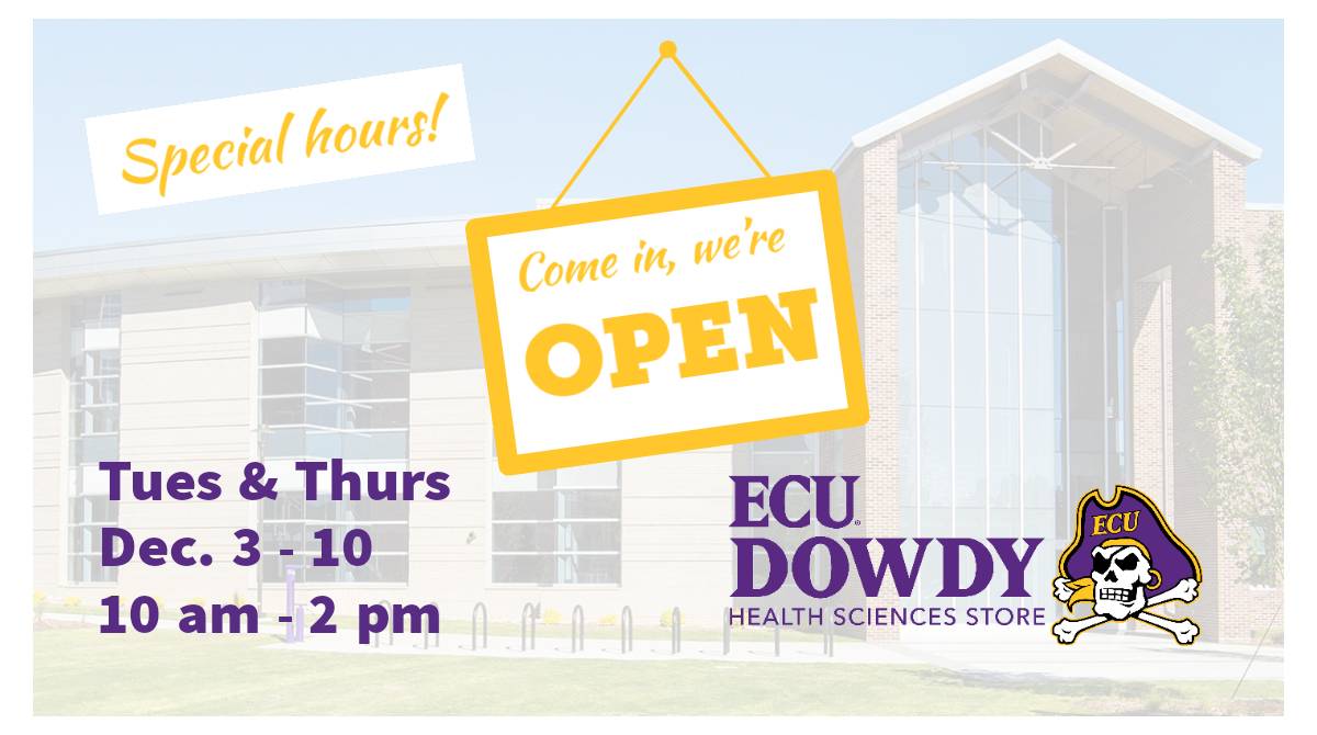 Back by popular demand! We're opening our Health Sciences Store, Tues &amp; Thurs, Dec. 3-10, hours 10a-2p. New grads will 💜 15% on in-stock diploma frames Thursday! 👨‍🎓👩‍🎓
#ECUBSOM #ECUNursing #ECUdental #ECUOT #ECUPT #ECUMedicine #ECUPublicHealth #ECUAlliedHealth
