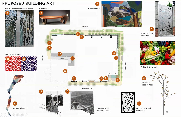Proposed art, including the bocci trees, which are not real trees (a bone of contention with the neighbors).