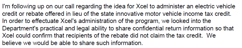 Very conscientiously, the utility wanted to ensure people didn't claim both the state tax credit *and* its rebate. To do that, the utility asked the CO Dept of Revenue whether it could buddy up with the utility. Of course: