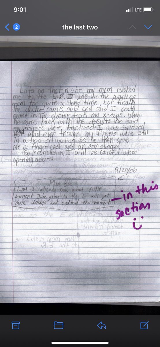KiambraG's tweet image. Can you believe what I found? @sshubitz 

Little old me (5th grade to be exact) writing about a small moment and recognizing I need more details to extend the moment 📚✏️📓 It’s okay that I didn’t follow directions 😂 #PlanBox