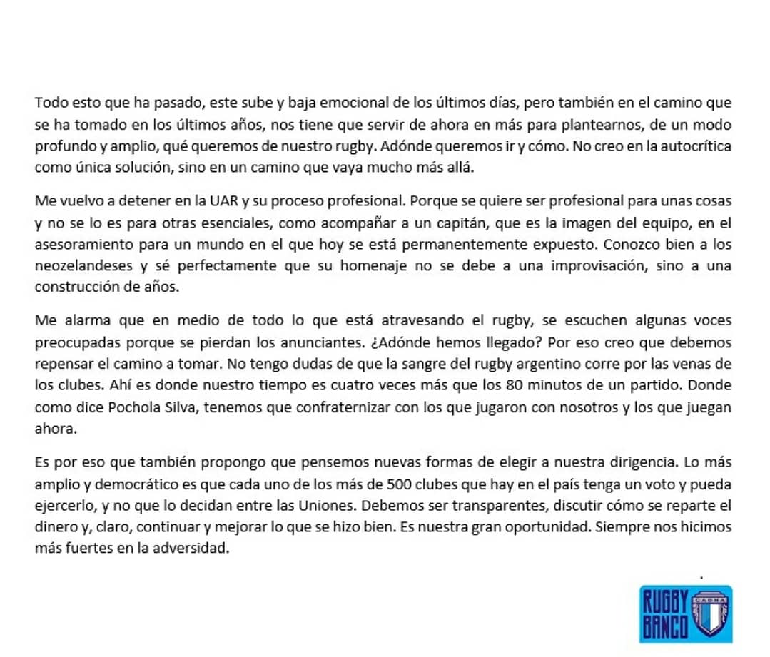 A raíz de los hechos ocurridos en los últimos dias con nuestro deporte y seleccionado nacional, compartimos las palabras de Hugo Porta, presidente del rugby de Banco Nacion