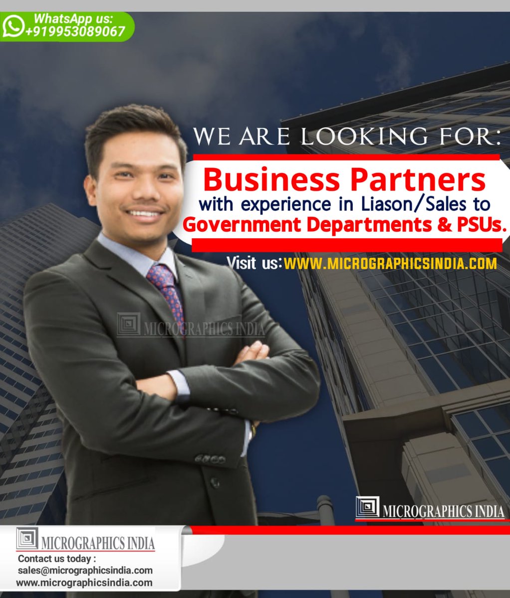 micrographicsin's tweet photo. We are looking for Business Partners
with experience in Liason /Sales  to Government Departments &amp; PSUs.
. 
. 
. 
. 
. 
For more information WhatsApp us +919953089067
 or drop your quries at : https://t.co/PeihwfrqQ7

#micrographicsindia https://t.co/u9ktTovGna