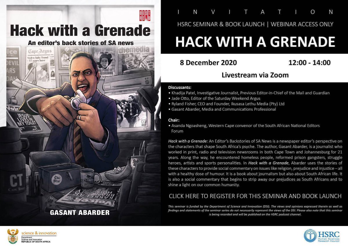 Webinar &amp; book launch 8 Dec: Hack with a Grenade: An Editor's Backstories of SA News. Register here: zoom.us/meeting/regist… With <a href="/LoudHouseZA/">Loud House Media</a> <a href="/khadijapatel/">Khadija Patel</a> <a href="/JadeOtto1/">Jade Otto</a> <a href="/rylandfisher/">Ryland Fisher</a> Asanda Ngoasheng