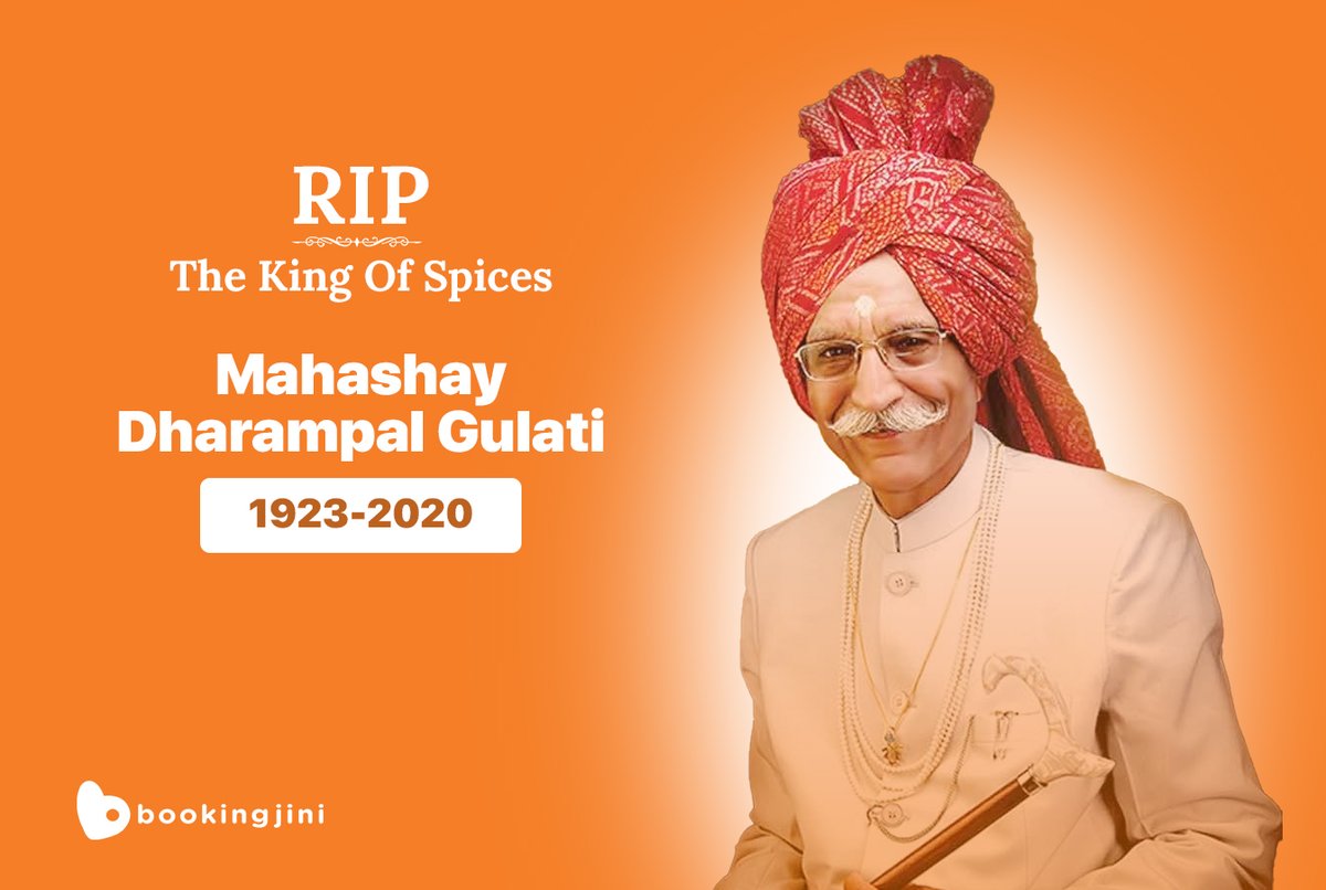 bookingjini's tweet photo. Mahashay Dharmpal Gulati, the owner of MDH, passes away at 98.

Rest in Peace sir🙏

 #DharampalGulati #MDH #RIP https://t.co/WdJkNksQrX