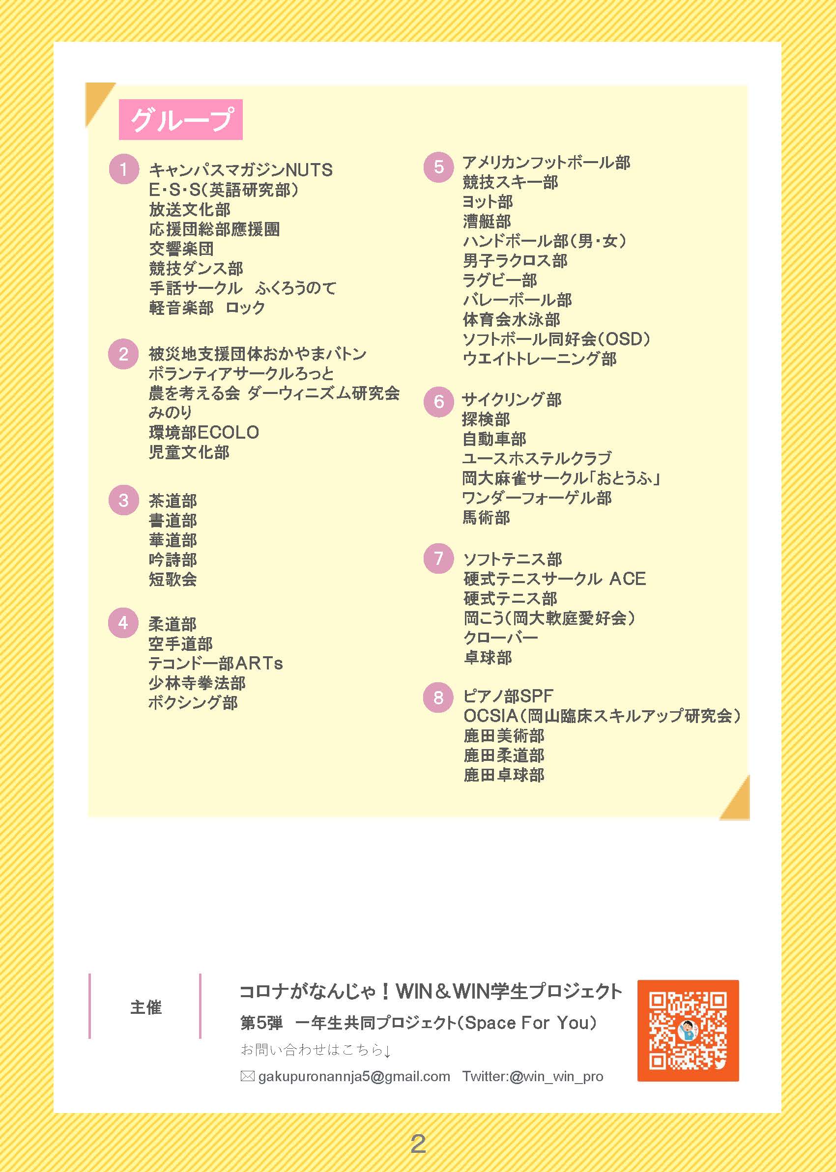 岡山大学 コロナがなんじゃ Win Win学生プロジェクト の第5弾として 12 7から部活 サークル交流会をオンラインで開催します 対象は岡大の1年生 気になる団体はあるけど 見学に行く勇気がない という方も 同じ団体に興味がある友達が見つかる