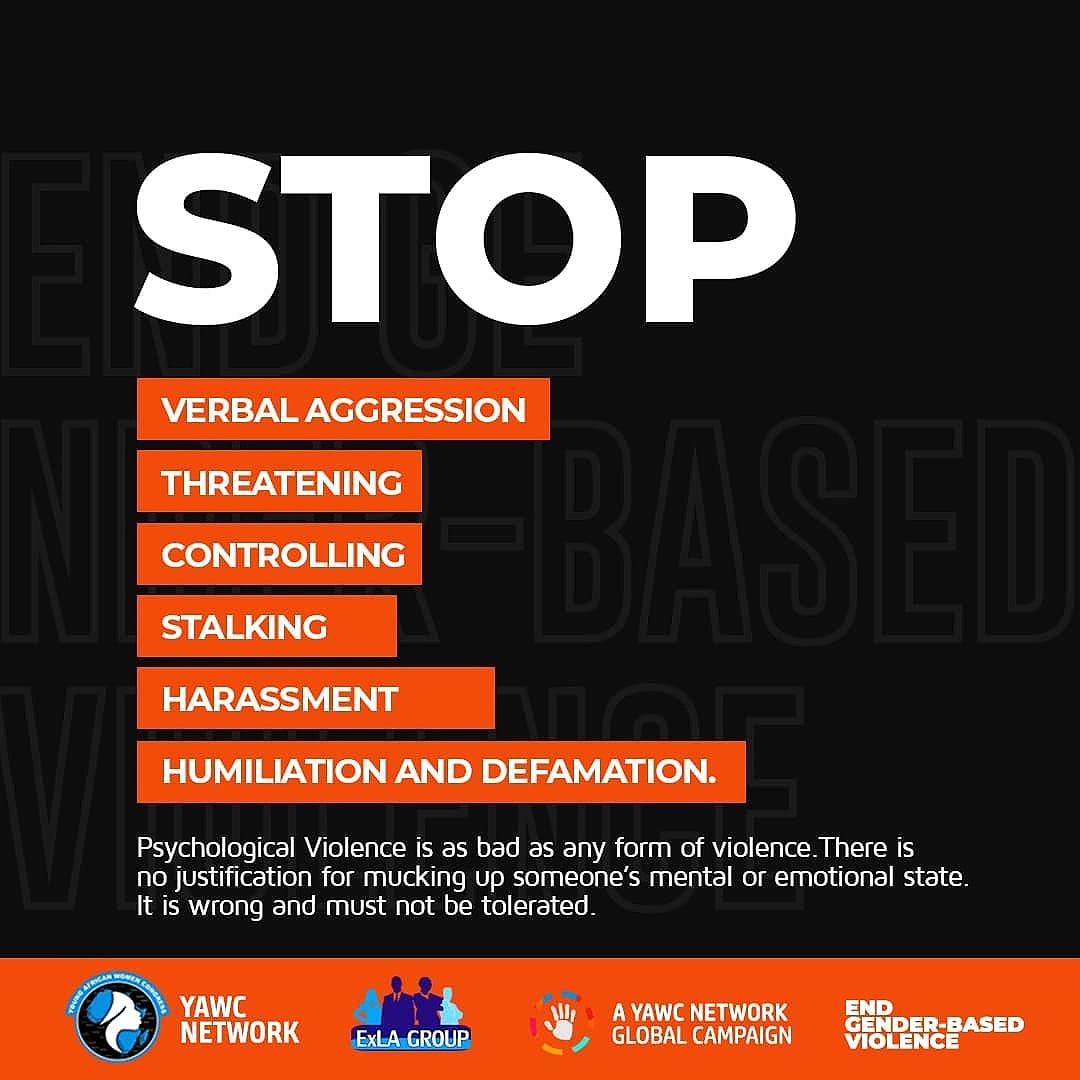 YAWCAfrica's tweet photo. Psychological violence is as bad as any form of violence. There is no justification for mucking up someone's mental or emotional state. It is wrong and must not be tolerated.
#16days
#OrangeTheWorld
#GenerationEquality
#YAWC_Network https://t.co/4Uxji0kmoe