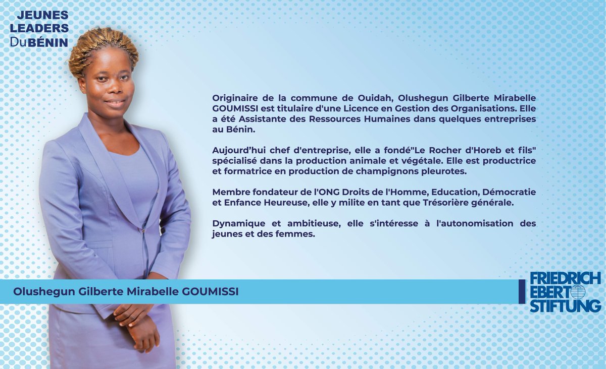 Fes_Benin's tweet photo. Originaire de la commune de #Ouidah, #Olushegun_Gilberte_Mirabelle_GOUMISSI est titulaire d'une Licence en Gestion des Organisations. Chef d'une entreprise spécialisée dans la formation et la production de #champignons_pleurotes.
#JLB2020 @229Citoyen https://t.co/TzmqVvjSi3