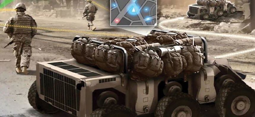 DefenseOne's tweet photo. Soldiers Don’t Trust Robot Battle Buddies. Can Virtual Training Fix That? https://t.co/dAQKID0BN3 https://t.co/xBjYG4nvIW