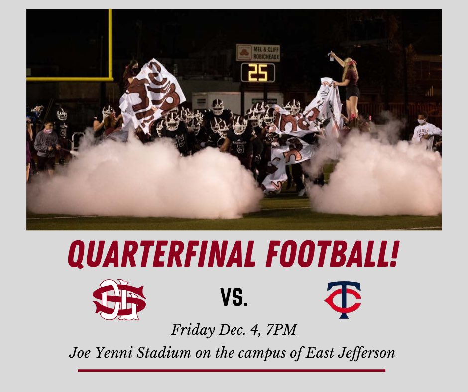 DLSStudents's tweet photo. The #1 seed, Cavaliers start the their playoff run towards a Division II State Championship this Friday against Teurlings Catholic at Joe Yenni stadium! Kickoff 7 p.m. Pre-sale tickets are available in the DLS Cav shop from 8 a.m. - 2 p.m. #cavnation #dlsnola #dlsfootball https://t.co/oEPm5LYvEv