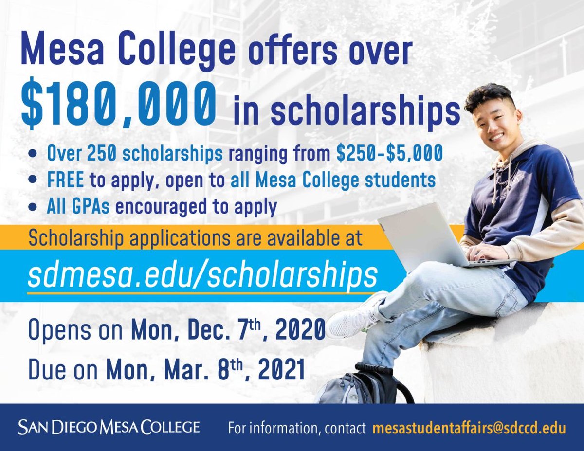 DYK that #SDMesaCollege offers over $180,000 in #Scholarships?
Our scholarships are free to apply, and open to all #SDMesaCollege students.
You can also apply to more than one. Save the date for Monday, December 7, 2020 and apply at buff.ly/364nnBX .