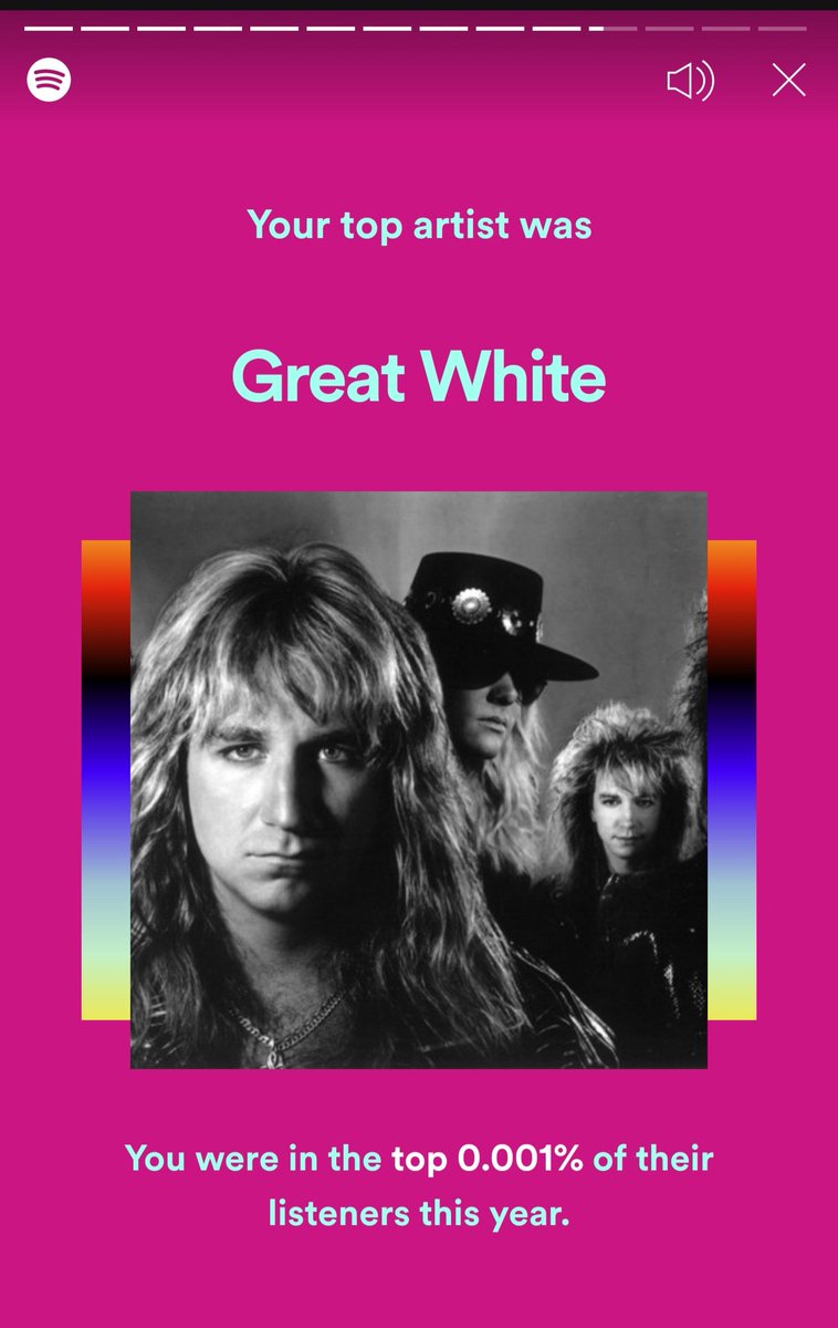 XJSquire's tweet image. Safe to say I'm a fan of Great White. Top 0.001% haha guess that happens when you work from home and can crank the tunes!  #2020Wrapped
@GreatWhiteRocks @JacksGreatWhite 

PS. Shout out to John Cafferty's "Garden of Eden", learned it on guitar to impress my mom 😆