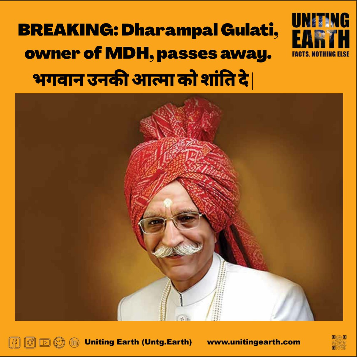 UntgEarth's tweet photo. BREAKING: Dharampal Gulati, owner of MDH, passes away. 
#DharampalGulati #MDH https://t.co/yt5Mw7pBrH