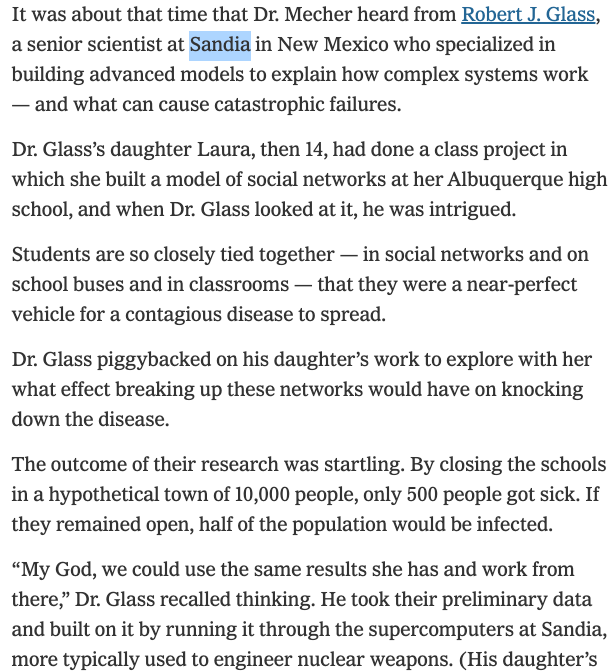 I'm sure that it mixes in some limited hang-out disinfo (as is inevitable), is very informative. It was allegedly the result of a Sandia Labs scientist daughter's high school science project. You could hardly pick a spookier origin story, and I'm sure that  https://www.nytimes.com/2020/04/22/us/politics/social-distancing-coronavirus.html