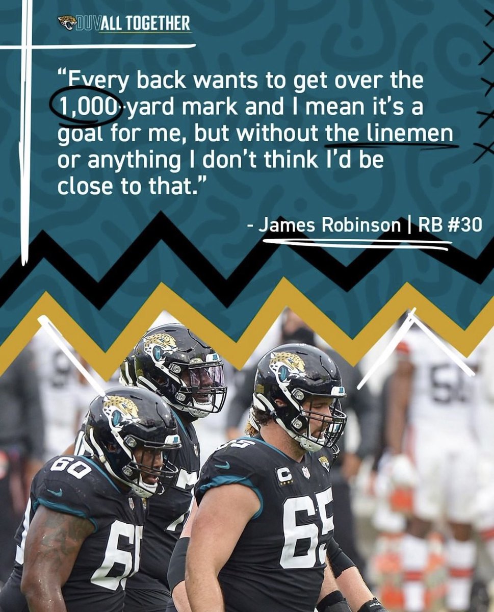 Shoutout to the @Jaguars front for paving the way for @Robinson_jamess this season! Lucky to have @JOShaughnessy80 help pave the way and open up running lanes! 
#NFL #NFLBirds
