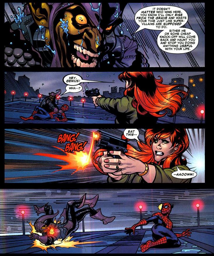 Mary Jane shoots the Norman Osborn, the Green Goblin, on a bridge