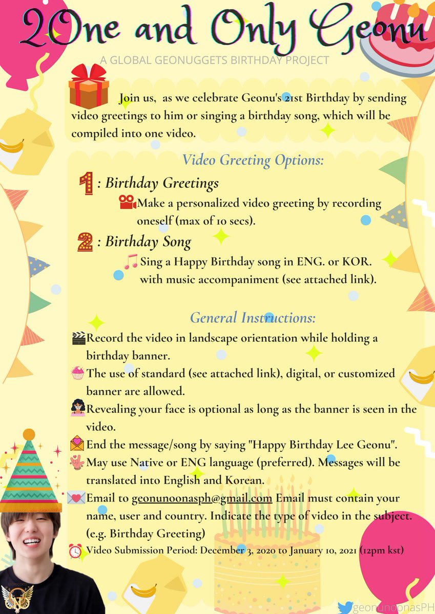 geonunoonasPH's tweet image. 📢GLOBAL BIRTHDAY PROJECT📢

🎂 Geonu's birthday is just around the corner! We invite you to join this project by sending your warm messages or singing a birthday song!

🎥 Video compilation will be posted on social media on Feb 2! 

#2OneAndOnlyGeonu
#GeonuBirthdayProject
#GEONU