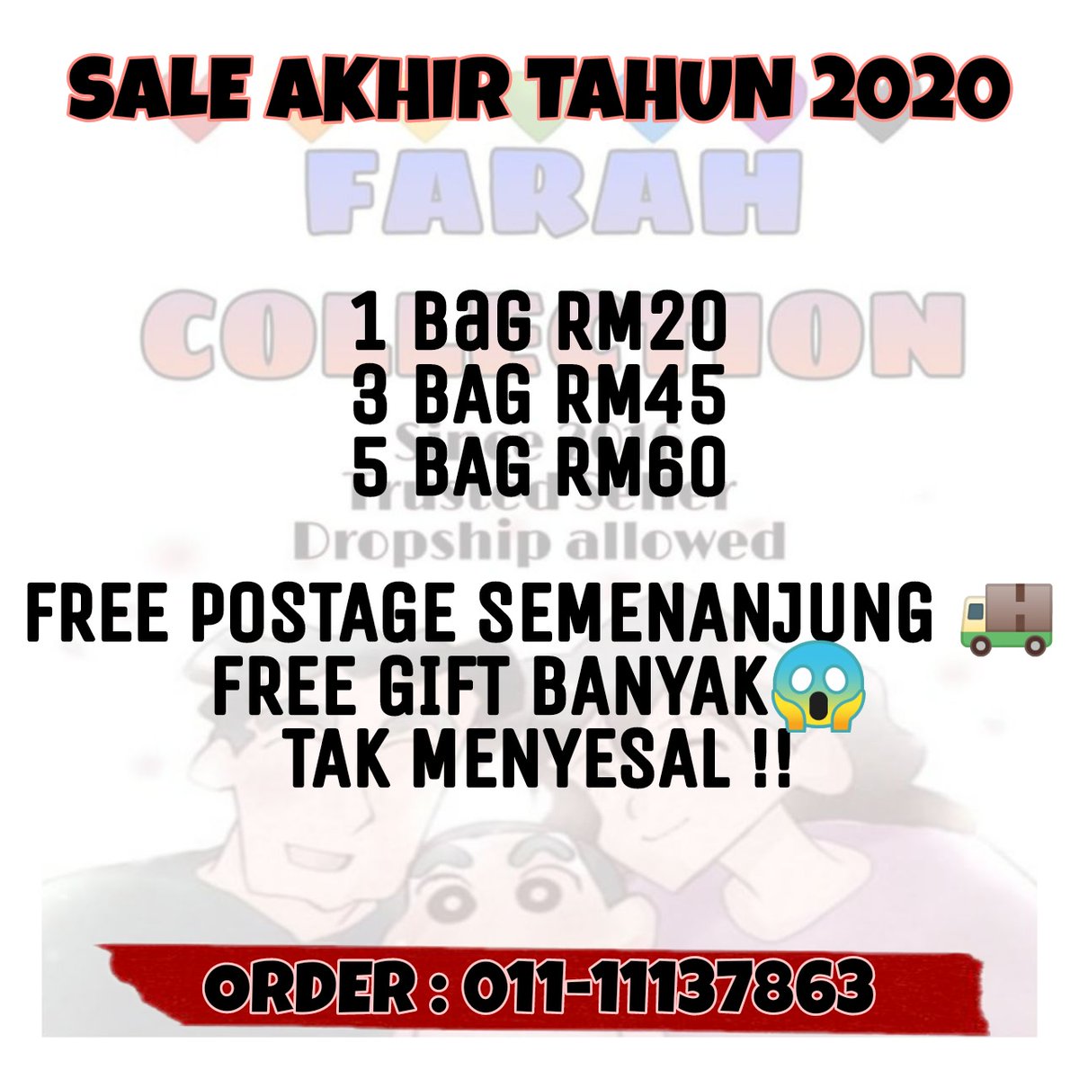FRHCollection95's tweet photo. Bismillahirrahmanirrahim... Assalamualaikum

Bermula 3 hingga 5 Dec 20 FARAH COLLECTION  Ada SALE AKHIR TAHUN AKU 2020..... 

Semua Boleh Order : 
       011-11137863 ( Farah )
       018-2805487 ( Nik Faiz ) https://t.co/l09cBOvnWo