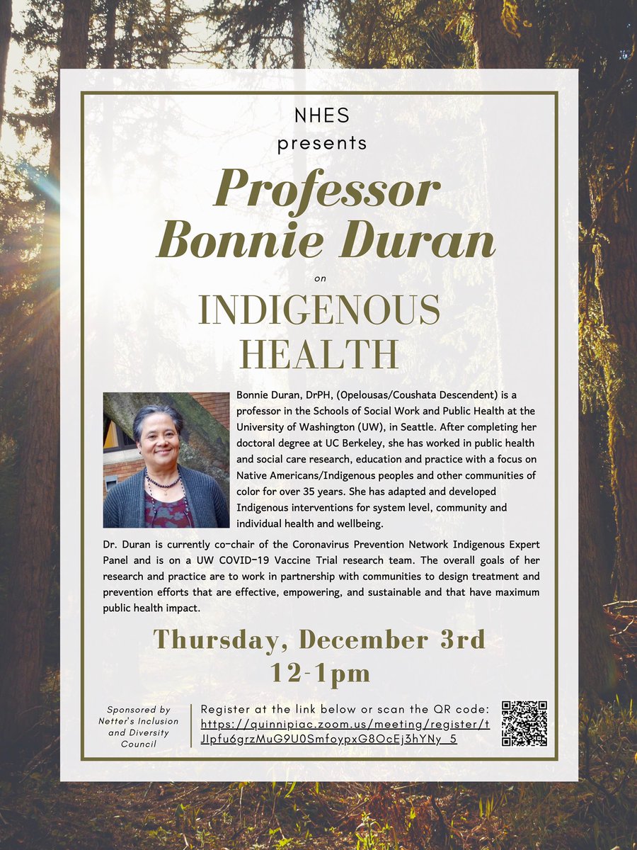 NetterWC4BL's tweet image. Please join us tomorrow afternoon at 12pm for the NHES with Dr. Duran who will be speaking on a variety of topics affecting Indigenous health from historical trauma, mindfulness and healing and the impact of COVID-19 
Register for the link here: quinnipiac.zoom.us/meeting/regist…