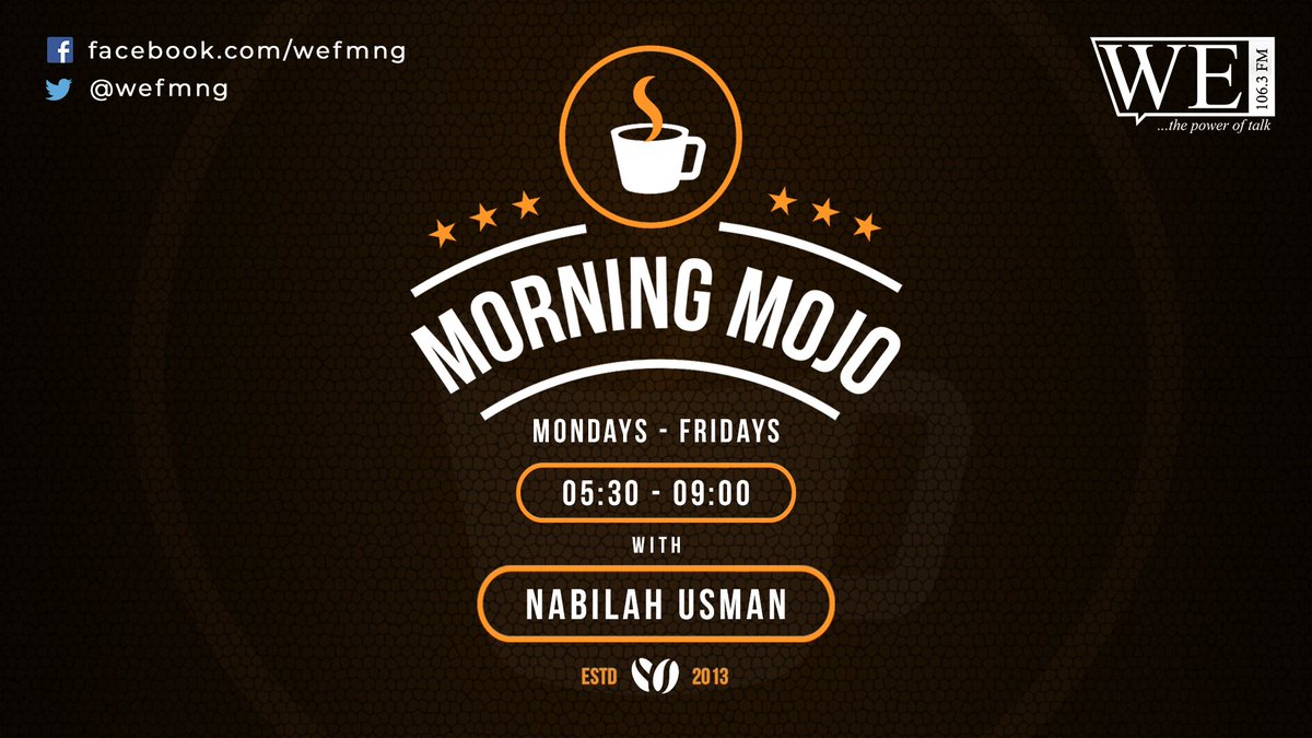 wefmng's tweet photo. Join @TheNabilahusman on #TheMorningMojo.

5:30am - #TunesForYourMojo .

6am - #WEWallOfFame. 

6:30am - #GlobalNewsUpdate 

7am - #ThePressroom 

8am - #ChitChatThursday 

#ThePowerOfTalk https://t.co/PfuT90UuCr