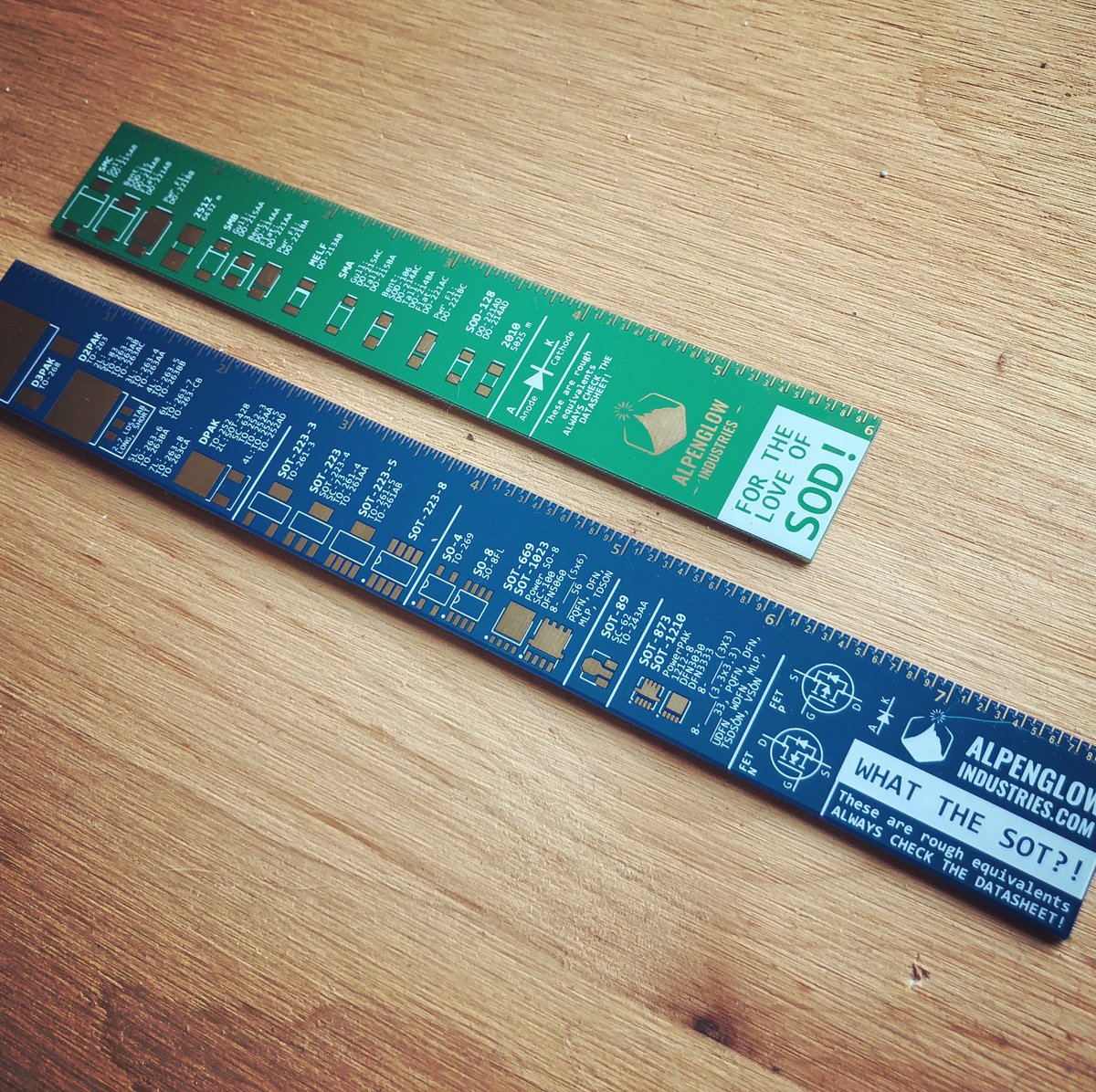 AlpenglowInd's tweet photo. Ever feel like stabbing your eyes out over all the different names for transistor and diode patterns? No more! We made rulers for that! #pcbruler #pcb #circuitboard #pcbdesign #pcblayout #alpenglowindustries #electricalengineering #womeninstem https://t.co/pN7digR6fS