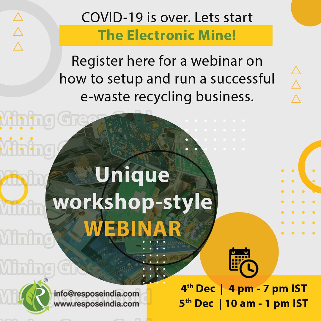 ResposeIndia's tweet photo. In the post pandemic world, are you looking for alternative businesses? Look no further. The e-waste sector presents a great opportunity. Register for our upcoming webinar “The Electronic Mine!”
https://t.co/euTqp6MTRf
Be an enviropreneur. https://t.co/F2kKMwpPjU