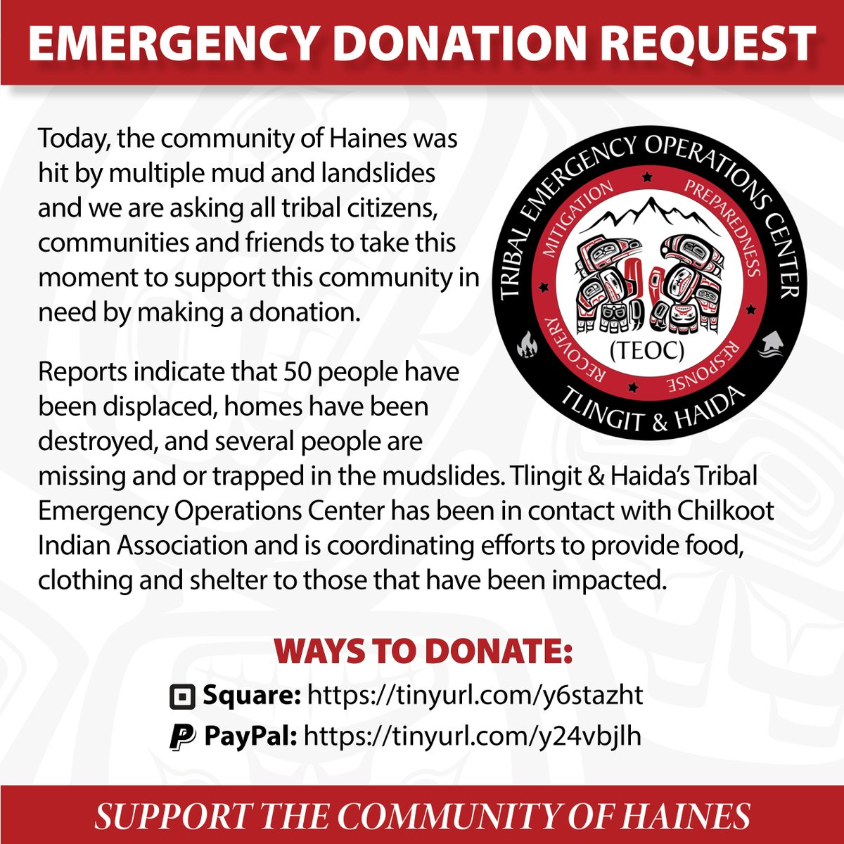 tlingithaida's tweet image. We are urgently requesting for everyone to pull together for the community of Haines which was hit by multiple mud and landslides.  Please support this community in need by making a donation. 

Ways to Donate:
• Square: tinyurl.com/y6stazht
• PayPal: tinyurl.com/y24vbjlh