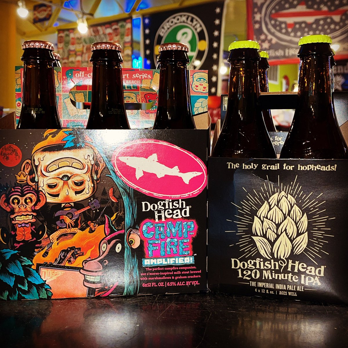 New arrivals!! Dogfish head camp fire : s’mores inspired milk stout brewed with marshmallows and graham crackers, and 120 minute ipa!!