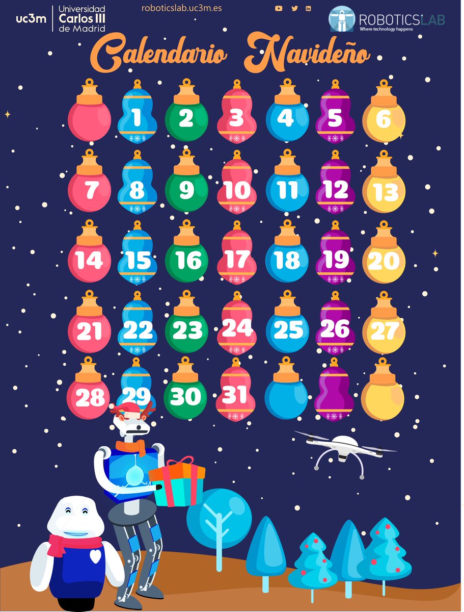 Hola a todos! En estos días del covid queremos compartir con vosotros el calendario navideño 2020 del <a href="/uc3mRoboticsLab/">uc3mRoboticsLab</a>. Cada dia estará dedicado a uno de nuestros robots. Podeis hacer comentarios, contar experiencias, películas y relatos que os inspiren. #Navidad2020Robotics