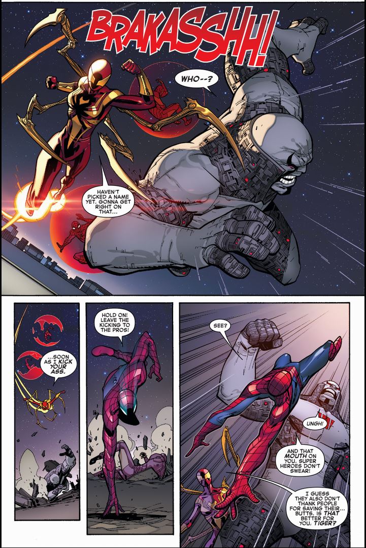 MJ dons the Iron Spider costume to help take down Regent