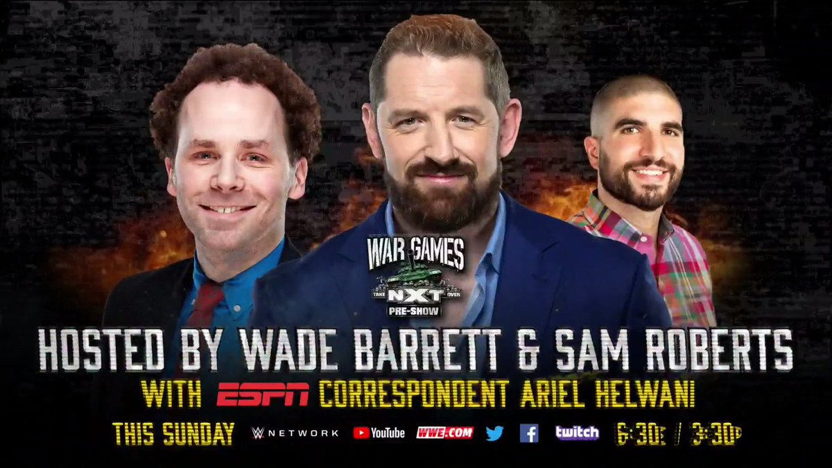 #NXTTakeOver : War Games PRE-SHOW INSANITY ALERT 🚨 starring me, @notsam & @ESPN’s MMA aficionado @arielhelwani.
Lads & Ladettes tune in this Sunday at 6.30 Pm ET on the @WWENetwork 👊🏻 https://t.co/gpRBeDy1Gg