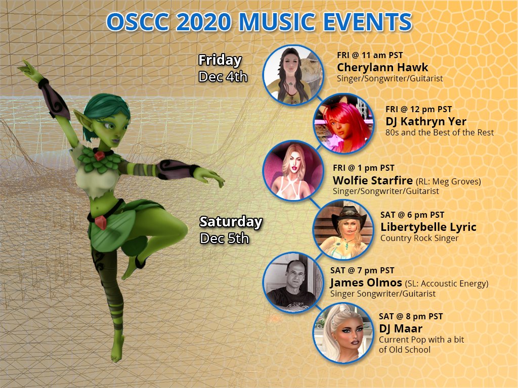 opensimcc's tweet photo. #OSCC20 Kicks off with Music Events on Friday Dec 4th, By Cherylann Hawk Music , Dj Kathryn Yer, and Wolfie Starfire . And to close the saturday evening Dec 5th we have: Libertybelle Lyric, James Olmos, and DJ Maar.
Check our full schedule here: https://t.co/TsM70sHRGA https://t.co/Ou5tSobPTa