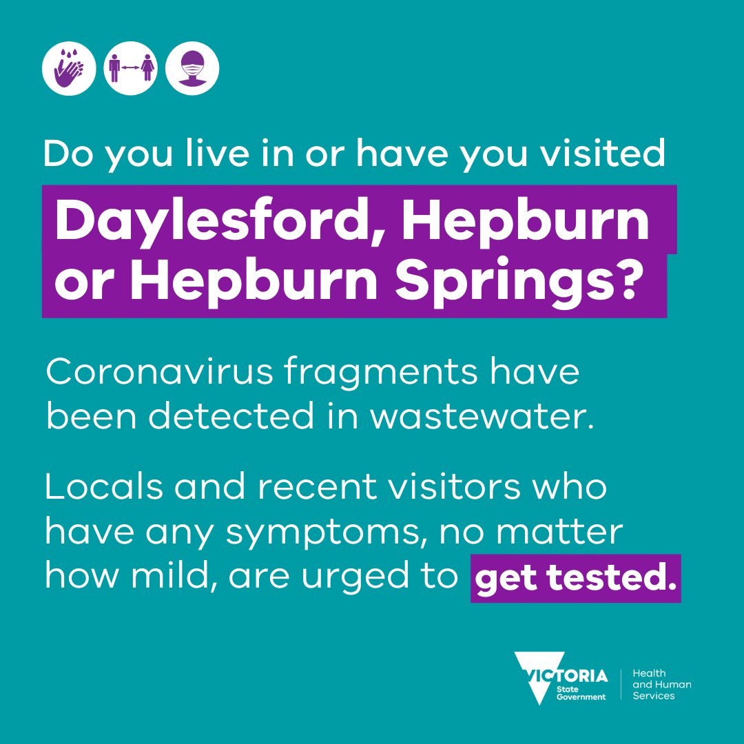 VicGovDH's tweet photo. UPDATE FOR DAYLESFORD, HEPBURN &amp; HEPBURN SPRINGS 
Coronavirus fragments have been detected in wastewater at Daylesford. If you are a resident or have visited Daylesford, Hepburn or Hepburn Springs from 28 November to 1 December (1/2) https://t.co/UGdLxu6hKP