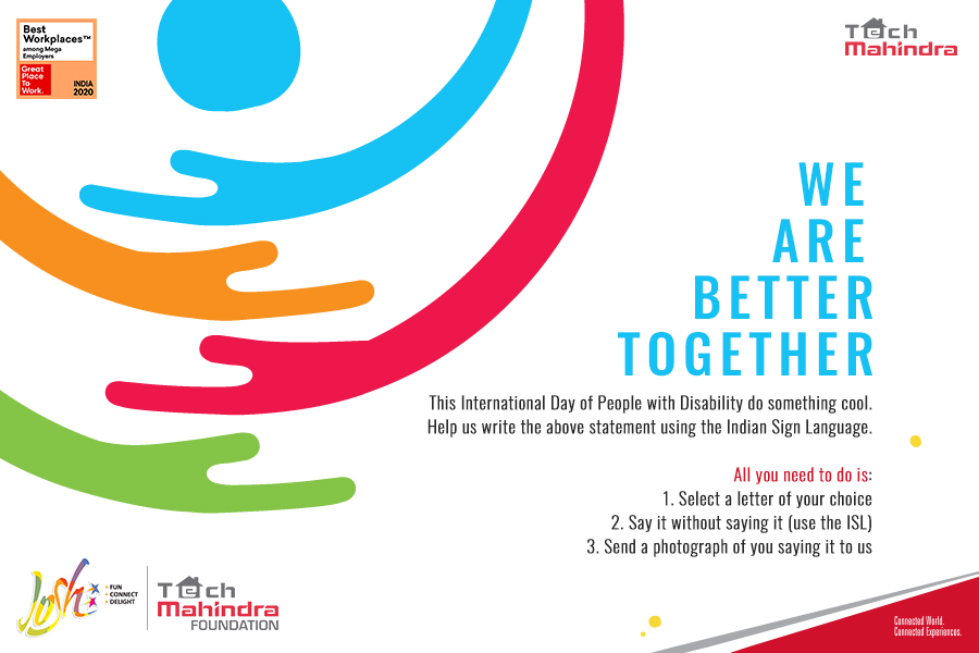 TechMJosh's tweet photo. On IDPD2020, @tech_mahindra is Building Back Better.
All we need is a letter from you. 

Help us write this statement - 
W E  
A R E  
B E T T E R  
T O G E T H E R 
- using the Indian Sign Language.

Post your photos in the replies.

#InternationalDayOfPeopleWithDisabilities https://t.co/nvO7S75Yfz