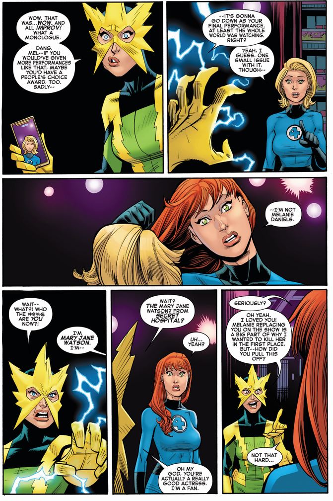 Mary Jane hatches a scheme to take down the female Electro with an epic monologue that not only saves the day, it makes her rediscover her passion for acting!