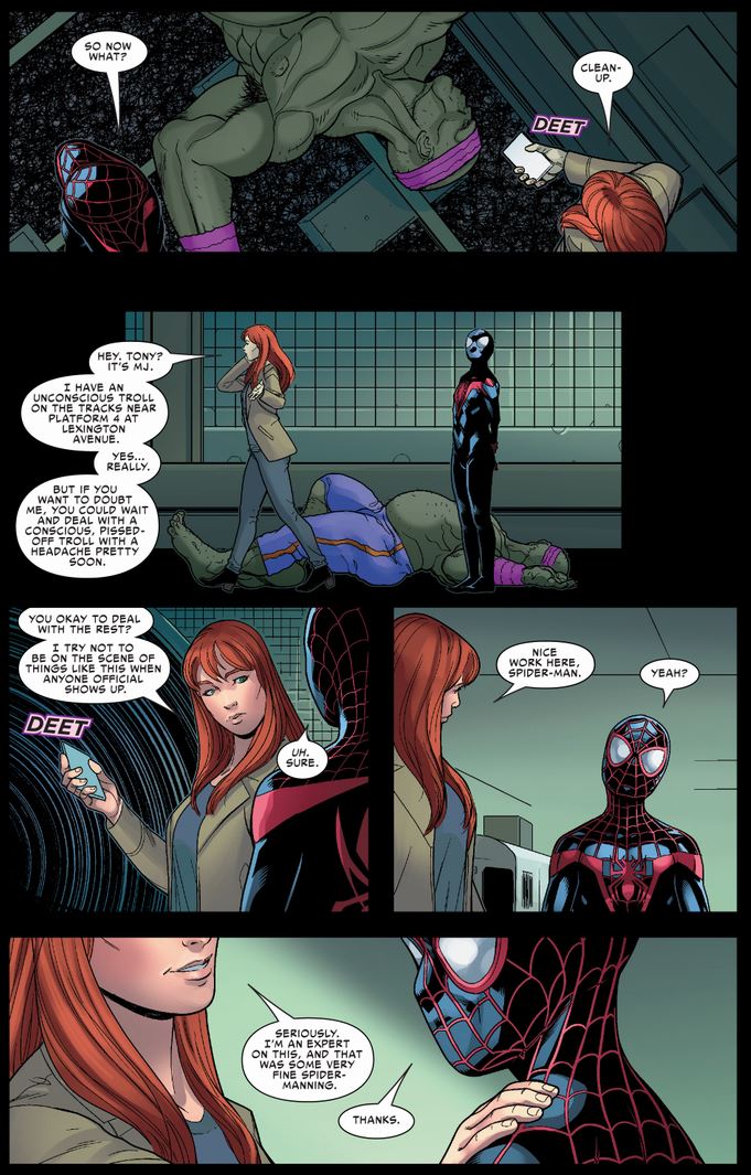 MJ goes head to head with a New York city subway Troll with a big Miles Morales assist!