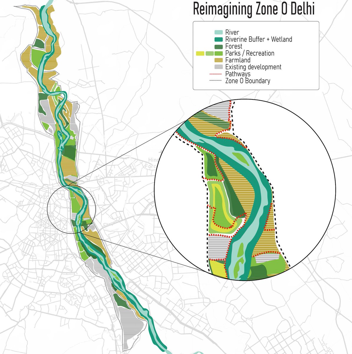 janu_swati's tweet photo. What can #ZoneO of Delhi Masterplan look like if it didn't leave the farmers out, also increasing Delhi's food security? Here is a reimagined schematic plan of the floodplains, co-created with landscape architect @tutuler, integrating farms with parks, biodiversity & public space https://t.co/7RQbKOIgKF