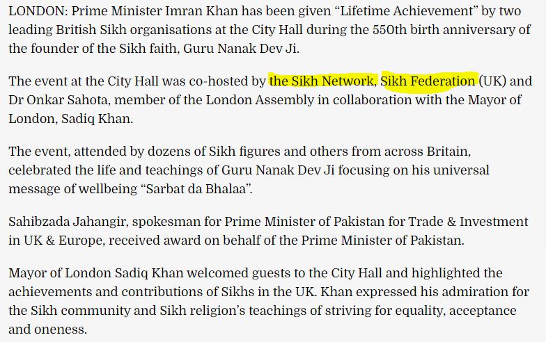 So on 21st nov 2019 a group named ‘ The Sikh network’ gave an award to Imran khan in London.Recever was Sahibzada Jahangir, spokesman for Prime Minister of Pakistan for Trade & Investment in UK & Europe and Actually he handles all the money as a investment given by ISI