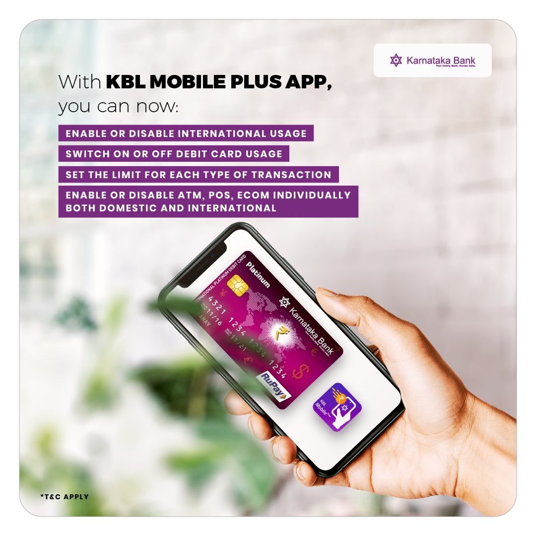 KarnatakaBank's tweet photo. KBL Mobile Plus provides you the option to manage your debit card transactions and settings, with the ease of banking from home. To know more, visit https://t.co/O6Y85S37QS
#Karnatakabank #KBLMobilePlus #mobilebanking #mobileapp #digitalbanking #onlinebanking #safebanking https://t.co/wTlSsZ6Ujb