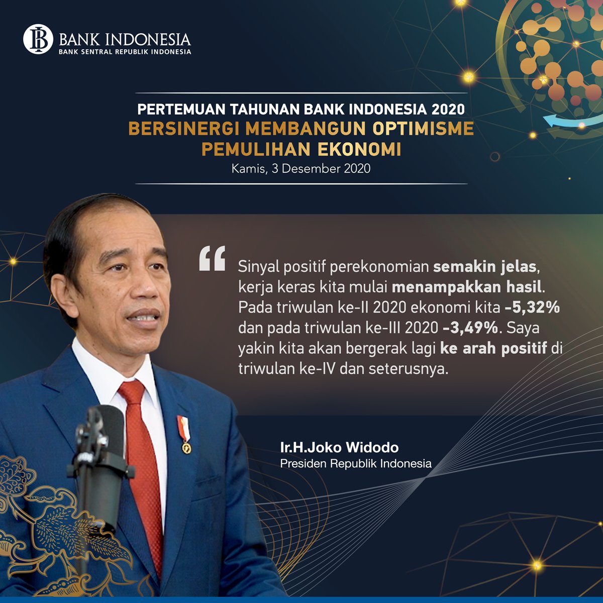 bank_indonesia's tweet photo. Secara virtual, Presiden Republik Indonesia Ir.H. Joko Widodo dalam sambutannya di Pertemuan Tahunan Bank Indonesia 2020 menyampaikan, bahwa semangat optimisme akan pemulihan ekonomi terus bergerak progresif di penghujung tahun 2020 dan sepanjang tahun 2021. https://t.co/5YMmTVSmYL