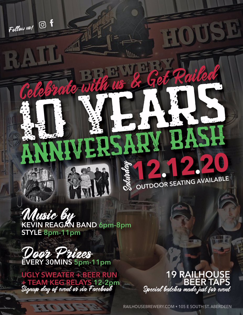 Dec 12th we celebrate our 10th anniversary!  We want you all to be part of it. So many great things to do, see and taste. 12-2pm is the Railhouse annual Beer run. Then from 5pm-11pm a door prize is drawn every 30min Two great bands starting at 6pm till 11.  New beers inside &amp; out