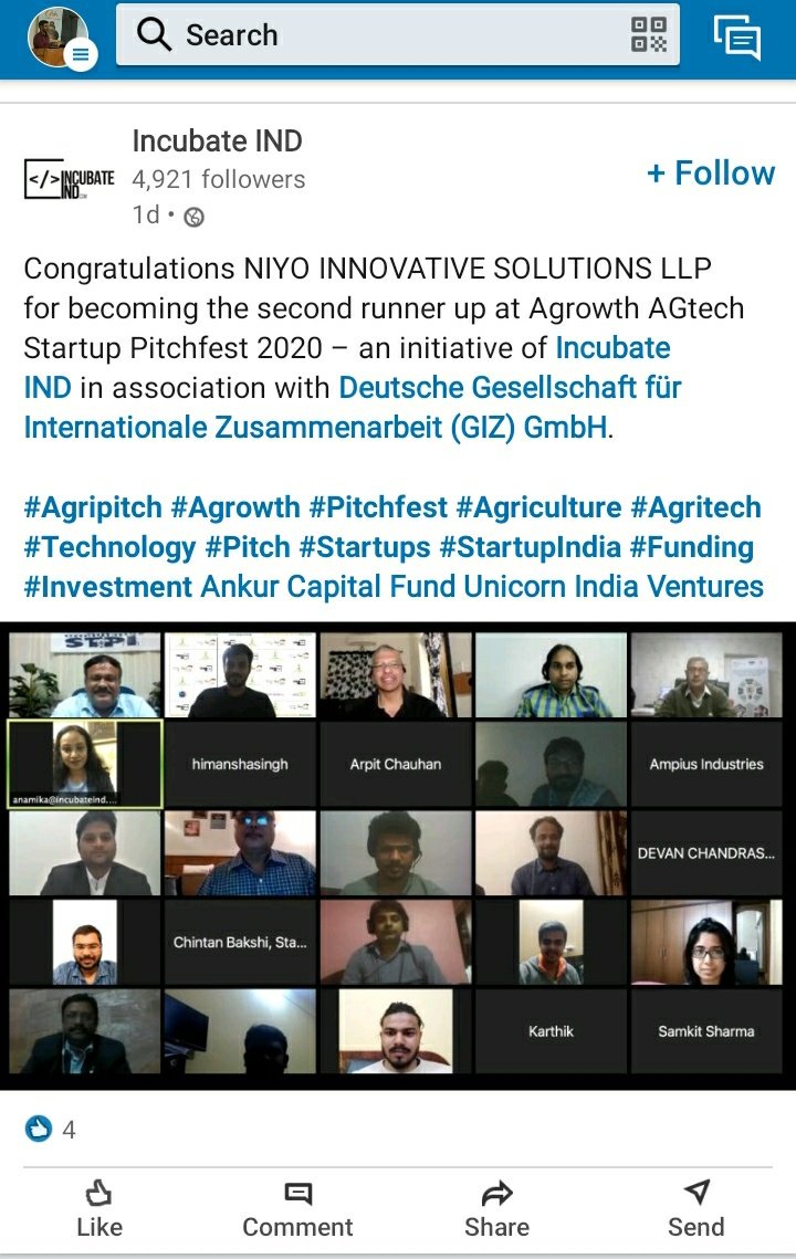 LlpNiyo's tweet photo. Happy to share that our startup NIYO INNOVATIVE SOLUTIONS LLP is become second runner up at Agrowth AGtech Startup Pitchfest-2020. I would like to Thank you to my Mentors and @MagicAurangabad also @giz_gmbh @tasvvar87 for continuous support and Guidance. https://t.co/8OV9JELYvq